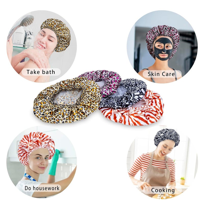 CHFONG 4 PCS Shower Caps for Women, Elastic and Reusable Bath Caps, Double Waterproof Layers Shower Cap, Bathing Shower Caps, Environmental Protection Hair Bath Hat - Printed Color - Image 5